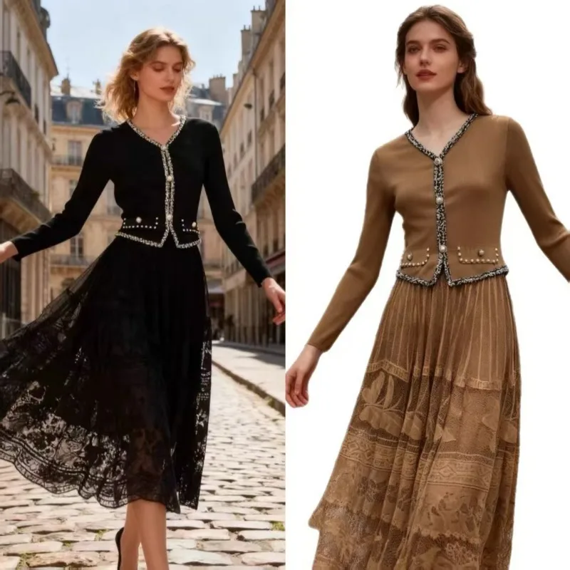 مياكي فستان مطوي خريف جديد الفرنسية الضغط التجاعيد حجم كبير فستان 2025 أزياء من الدانتل مزاجه الخامس الرقبة فساتين طويلة أنيقة