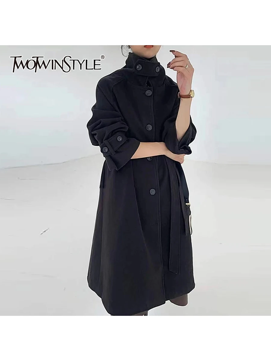 

TWOTWINSTYLE Fashion Spliced Button Versatile Trenchs for Women High Neck Long Sleeves Patchwork Belt Basics Trench Female New