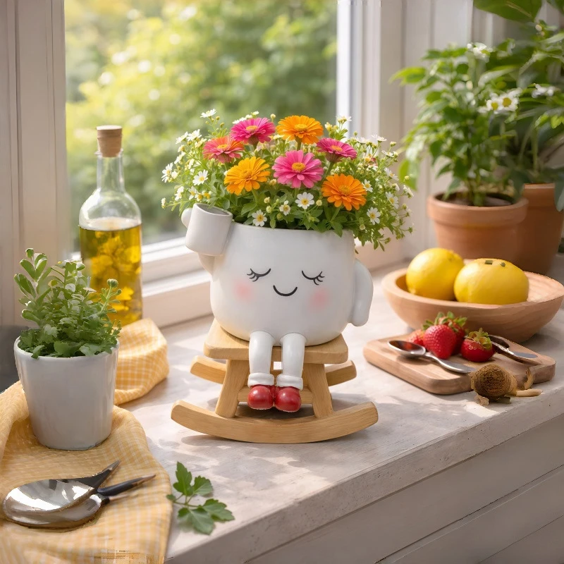 

Funny Flower Pot Teacher Appreciation Gift Cute Chair Flower Pot Smile Face Planter Set for Indoor Outdoor Plants