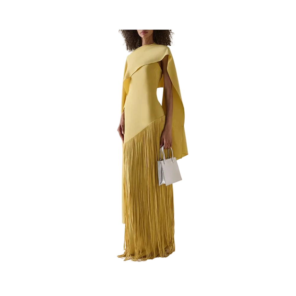 Dames eenvoudige feestjurk, mode-jurk met O-hals, hoge taille, kwastjeszoom en sjaal, elegante effen kleur, mouwloze banketjurk - afbeelding 2