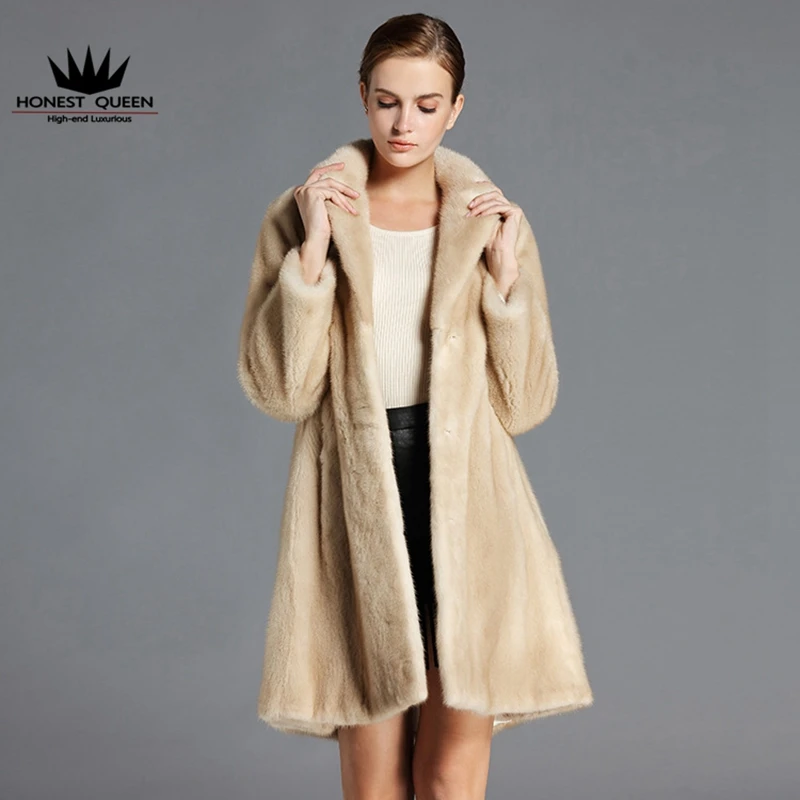 Mink fur coat imported Danish velvet natural mink female woman's beige skirt coat