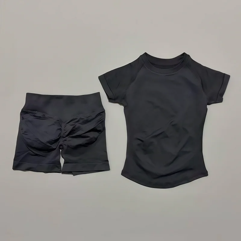 2-delige sportsets met korte mouwen, naadloze yoga-top, fitnessset, dames workout, hardloopsportshorts, gympak - afbeelding 1