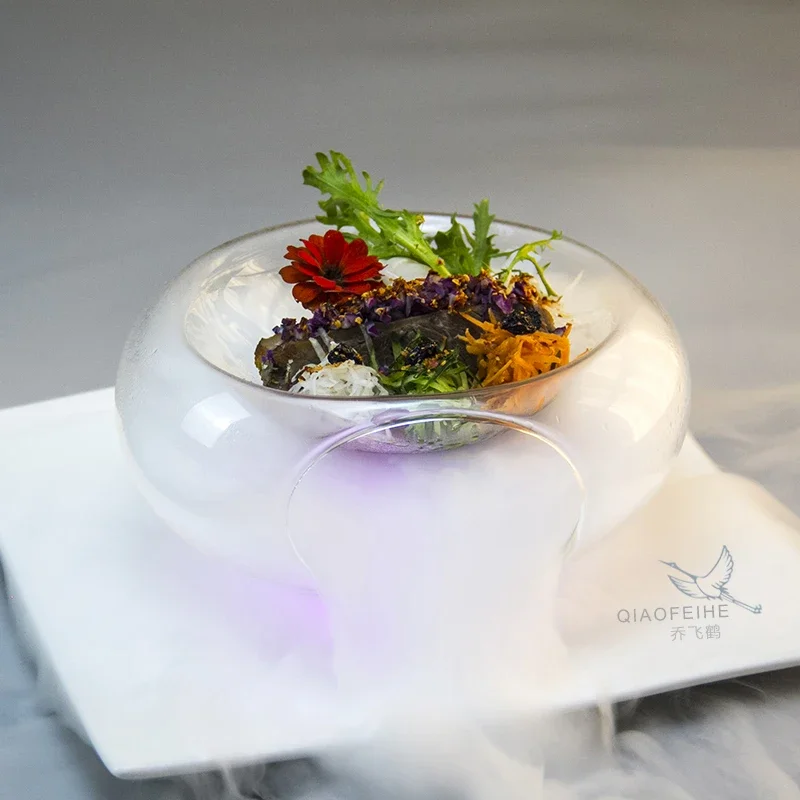

Transparent High-temperature Glass Bowl with Side Opening Dry Ice Bowl Creative Cuisine Tableware Special Restaurant Salad Bowl