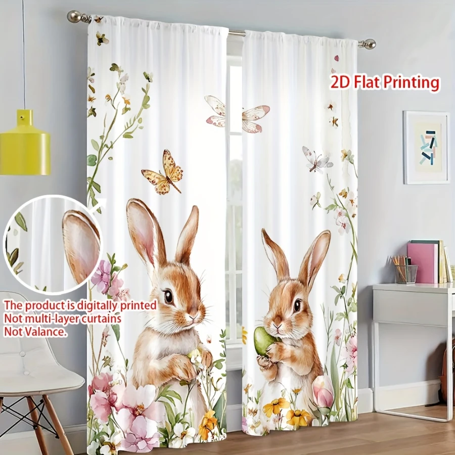 2PCS Digital Print Curtains, Flower Field Cute Bunny, Adorable Wildflower Rabbit Decor Sweet Meadow Animal Bedroom Drapes