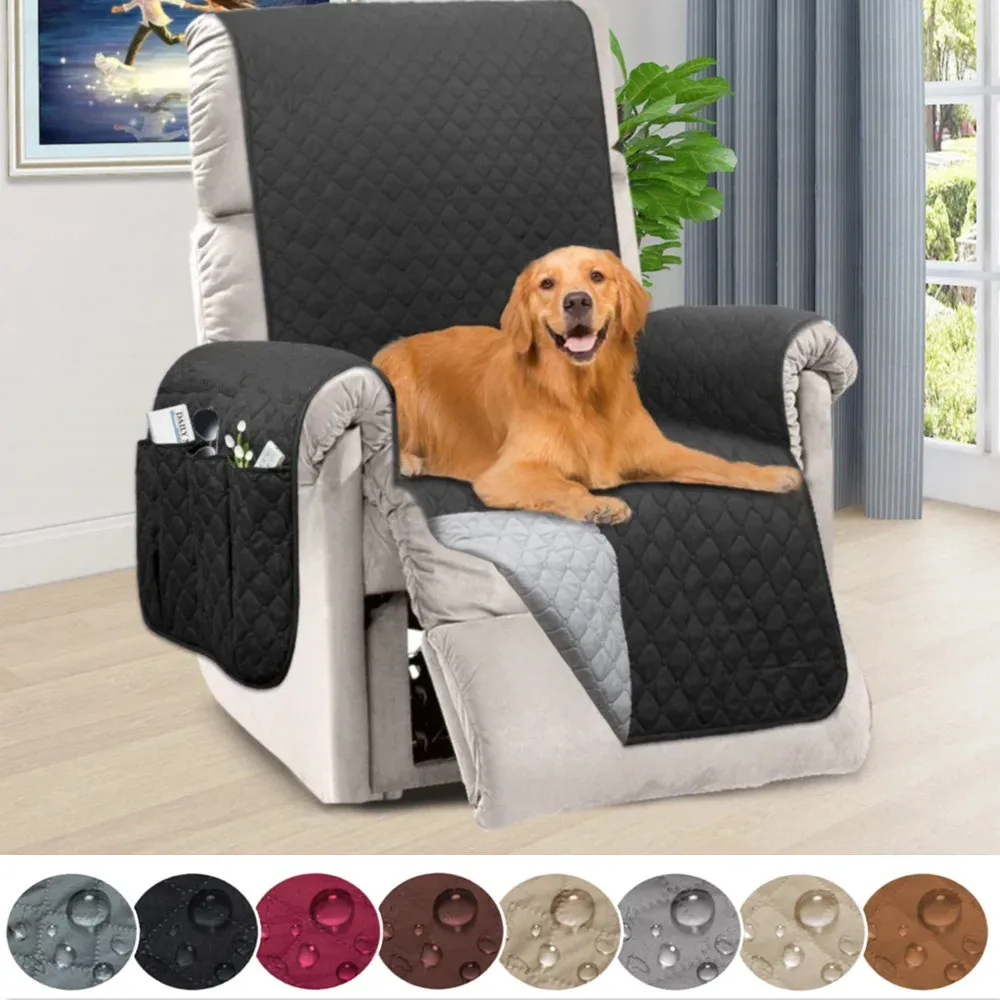 Quilted Recliner Sofa Cover Waterproof Armchairs Slipcovers Dogs Pets Kids Anti-Slip with Side Pockets Elastic Strap Protector