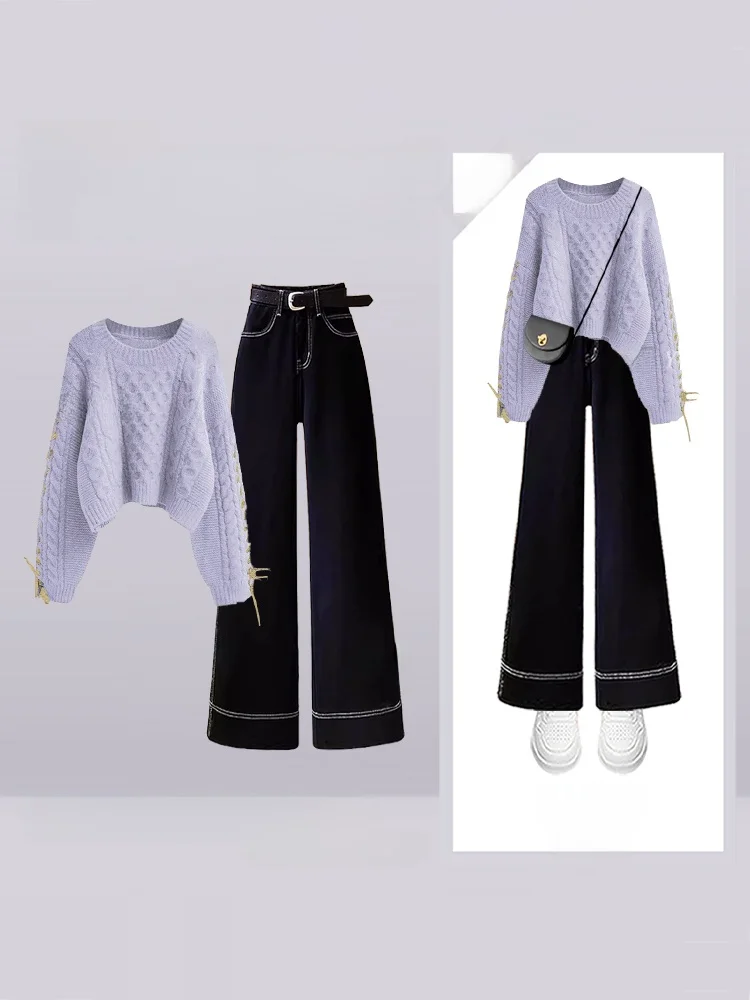 

Autumn Winter Casual Knitted Sweater And Wide Leg Jeans Two Piece Set Women's Faion Slimming Korean Sle Ensemble