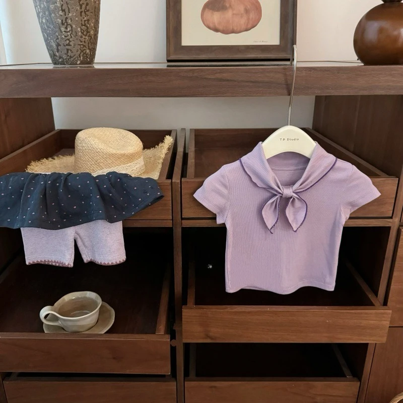 Baby girl bow tie lace short sleeved T-shirt polka dot skirt pants cover