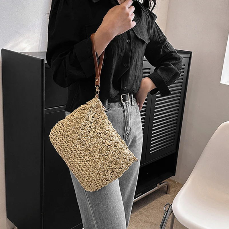 Stroh-Umhängetaschen für Damen, Sommer, gewebte Umhängetasche, Geldbörse, Bast, Strand-Armband, Häkelhandtasche, Geldbörse für Damen – Detail 10