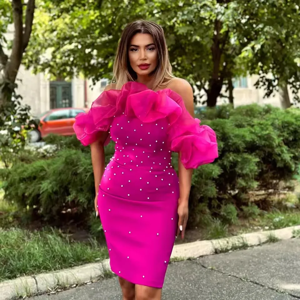 

Couture Fuchsia Pearls Stretchy Short Women Dresses To Party With Ruffles Organza Sexy Mini Maxi Dresses