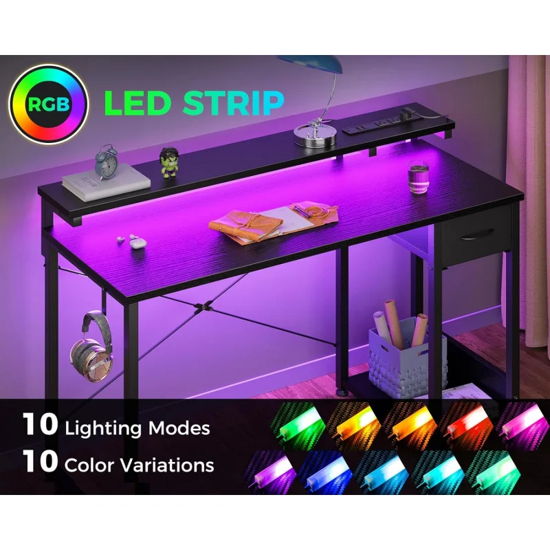 Gaming Desk with LED Lights & Power Outlet, 48 Inch Computer Desk with Drawer, Reversible Desk with Adjustable Monitor Shelf &
