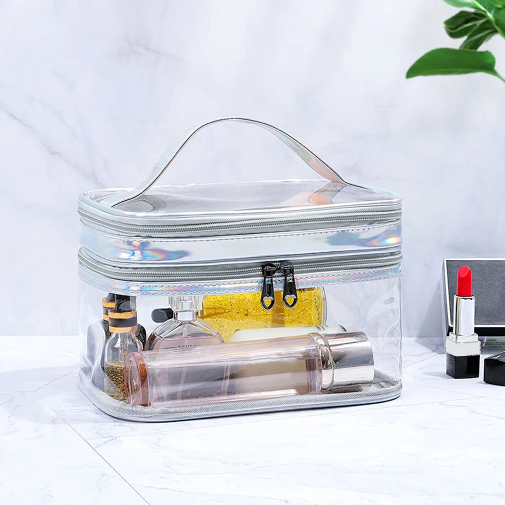 Tragbare transparente Make-up-Tasche, doppellagige Kosmetiktasche aus PVC, wasserdichte Waschtasche mit großem Fassungsvermögen, transparente Reise-Aufbewahrungstasche – Detail 3