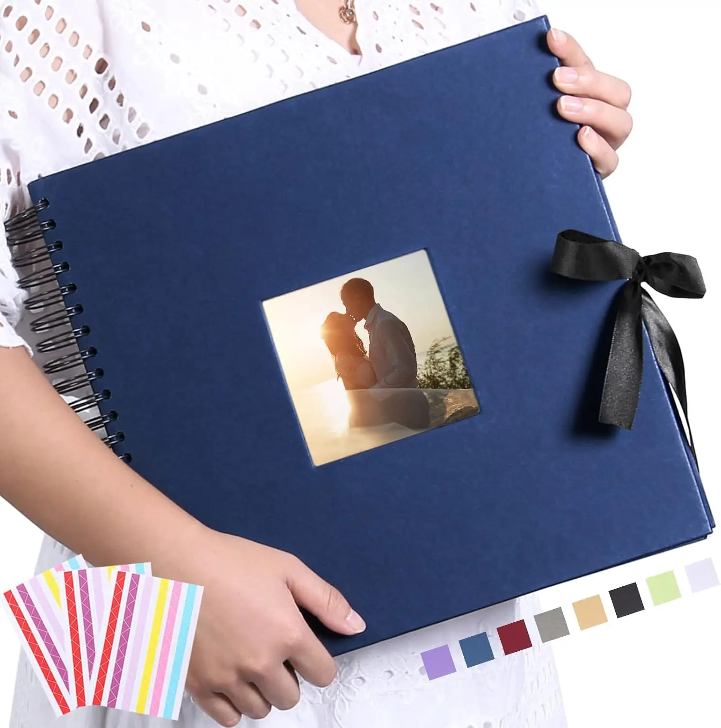 

Scrapbook Photo Album with Corner Stickers 12x12 inches DIY with Cover Photo Pocket 80 Pages Silk Ribbon Hardcover Album