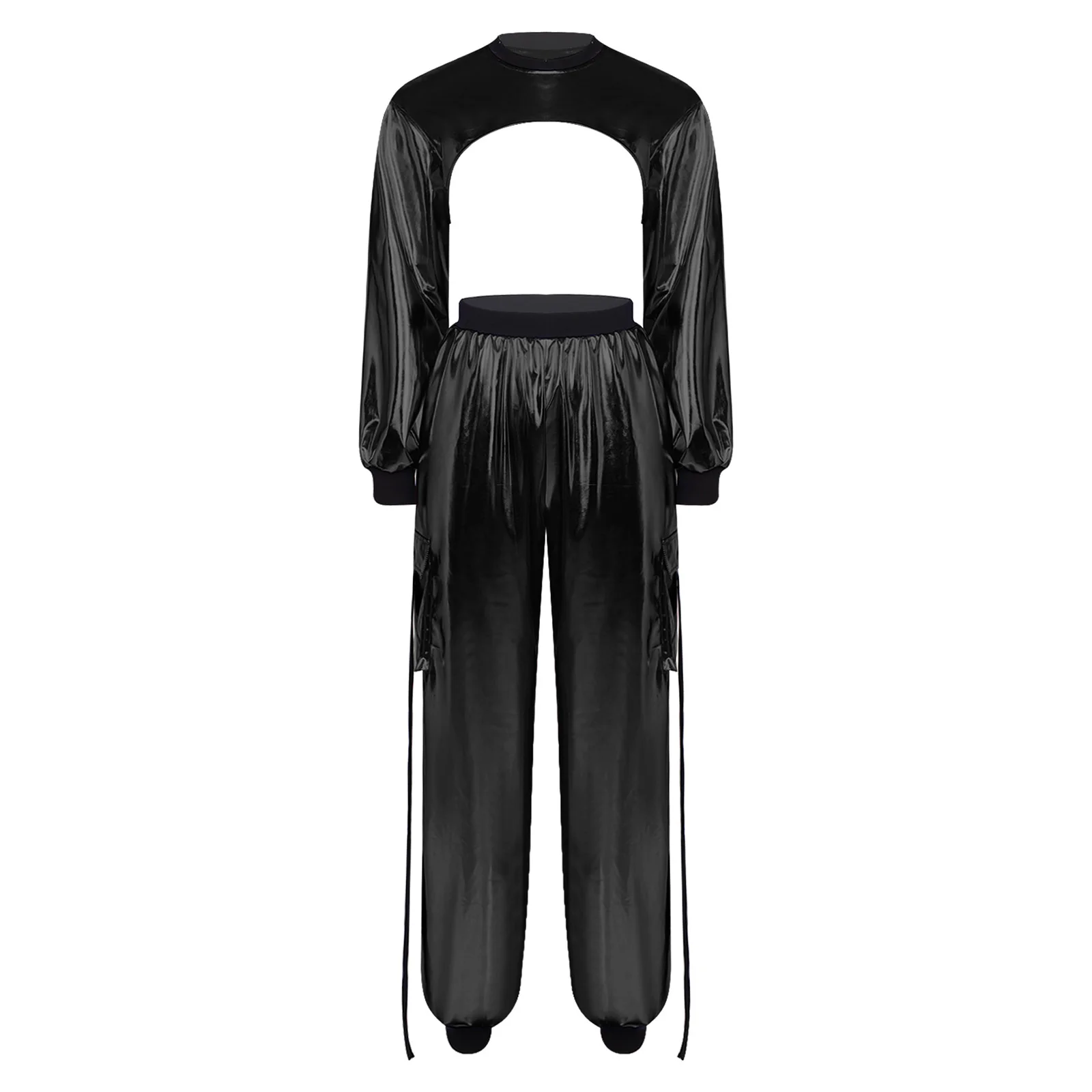 Women's Hip Hop Metallic Shiny Outfits Long Sleeve Cutout Crop Tops And Cargo Pants Jazz Dance Disco Rave Clubwear Streetwear