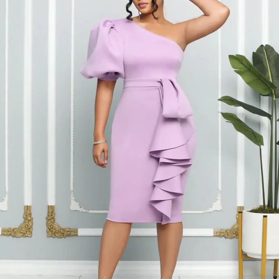 One Shoulder Ruched Bodycon Dress Purple Short Puff Sleeve Asymmetrica Evening Dress Women Wrap Slim Party Cocktail Midi Dress