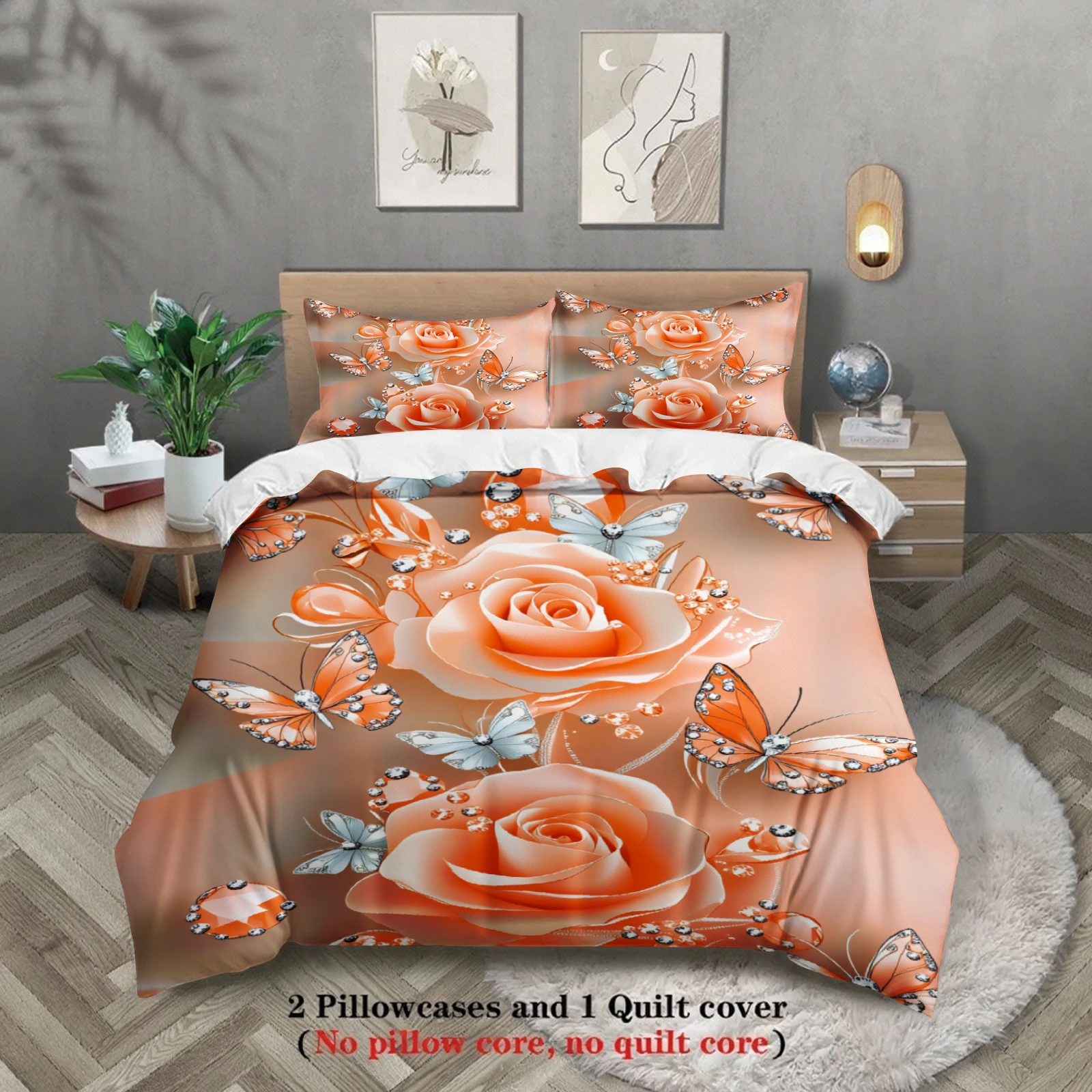 Rose And Butterfly Printed Bedding Set Peach Color Floral Design With Duvet Cover & Pillowcases For Bedroom Decor