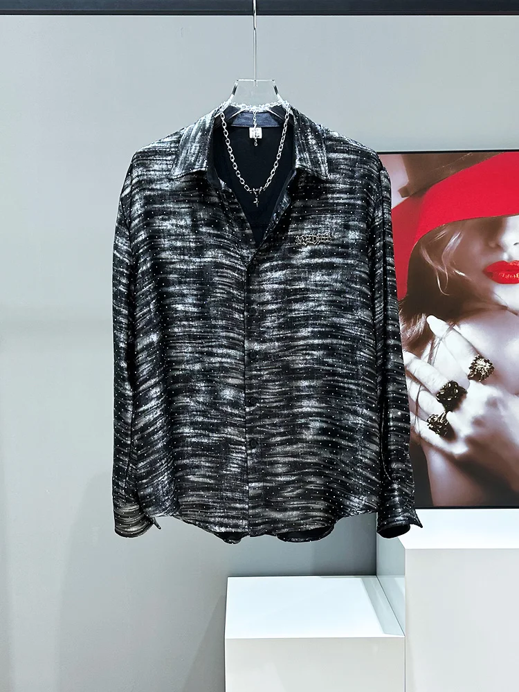 

Мужская свободная футболка с длинным рукавом, модный дизайн, инкрустация стразами, повседневный топ, весенняя молодежная мода, однотонная.