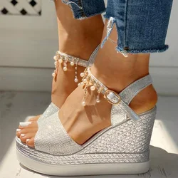 2023 New Women Wedge Sandals Summer Bead Studded Detail Platform Sandals Buckle Strap Peep Toe Thick Bottom Casual Shoes Ladies