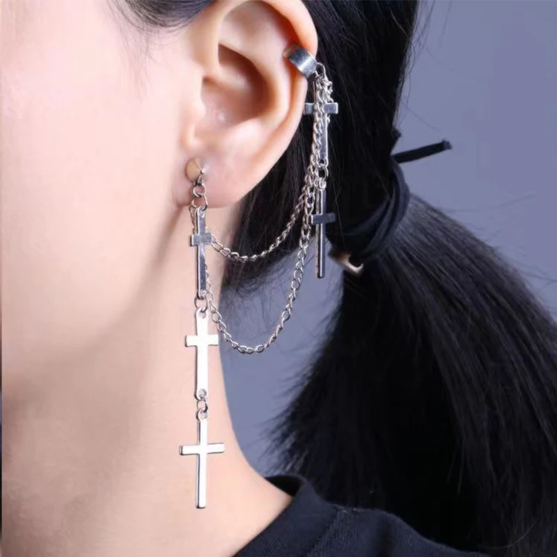 Unisex Punk Cross Tassel Earring Clip Women Exaggerated Modern Metal Christian Chain Drop Dangle Earrings Gothic Hip Hop Jewelry