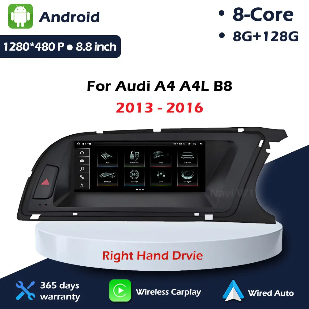 8.8 inch for Audi A4 A4L B8 2013 - 2016 Right Hand Drvie Android Auto Wireless CarPlay Navigation GPS Head Unit Touch Screen BT