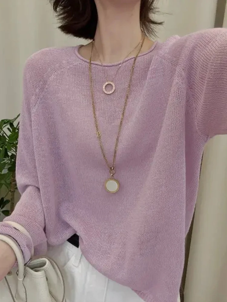 Cienki, długi sweter damski z dzianiny, luźny krój, ochrona przed słońcem, modny top, styl koreański, jednolity kolor, do pracy, trendy.