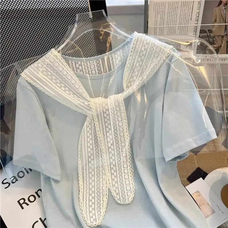 EBAIHUI Fake Two Piece Design Women T-shirt Summer Fashion Lace Patchwork Ladies Short Sleeve Tee Round Neck Chic Versatile Top