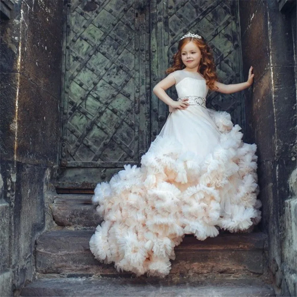 Vestidos de niña de flores de encaje champán, vestido de fiesta hinchado con cuello transparente para boda, comunión, desfile, vestidos para niños