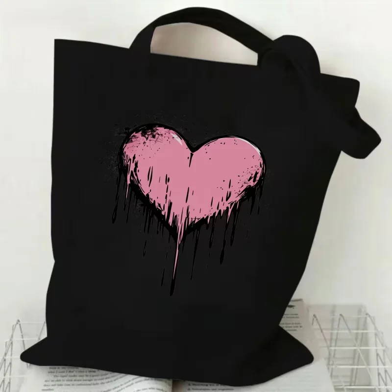 Leopard Print Heart Love Letter Canvas Tote Bag Trendy Reusable Shoulder Handbag For Teen Girls Shopping Travel School Holiday - view 4