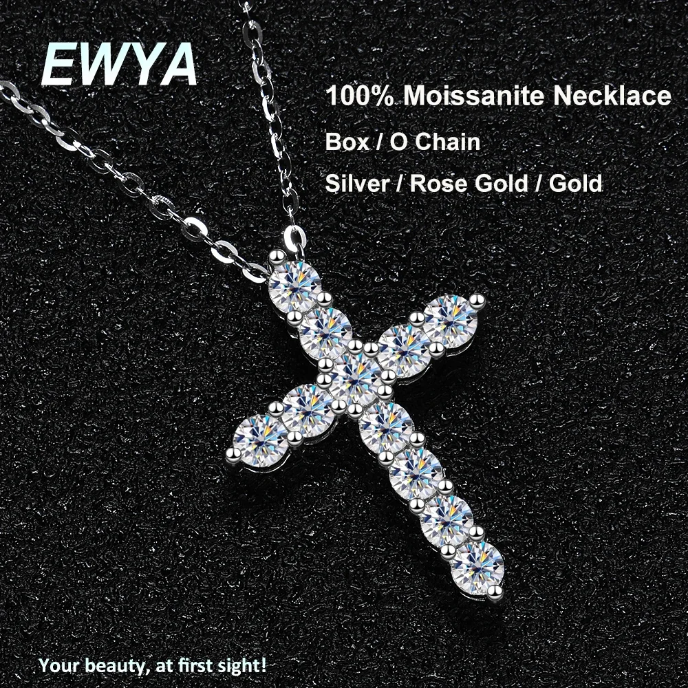 EWYA Real Moissanite Jesus Cross Pendant Necklace for Women 925 Sterling Silver 2.5 3 4mm Diamond Chains Necklaces Fine Jewelry