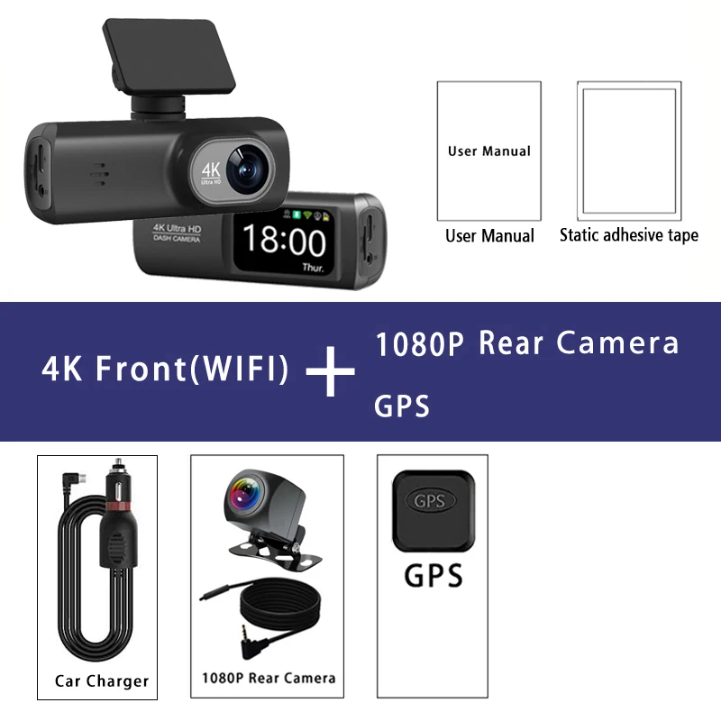 Dash Cam 4K 3840*2160P GPS WIFI Auto DVR Voor en Achter Dual Lens Auto Camera met Nachtzicht Dashcam 24H Parkeermonitor