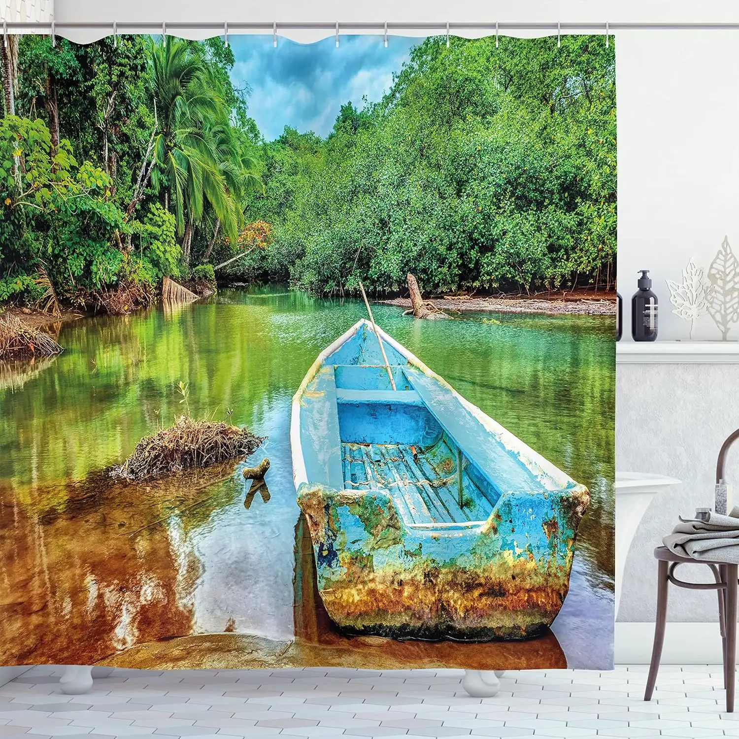 

Tropical River Boat Shower Curtain Nature Scene Bathroom Decor Jungle Landscape Blue Canoe Water Reflection Bath Accessory