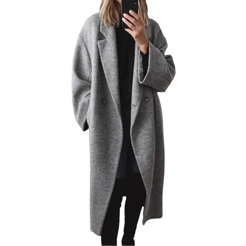 Dames casual lange trenchcoat voor herfst en winter met cardigan-halslijn en micro-elastisch polyester materiaal
