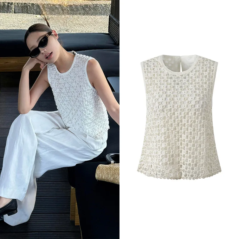 

Весна-лето 2025 г., круглый жилет Ne Svel ort, украшенный полыми бусинами, модный универсальный белый топ, женский нос...