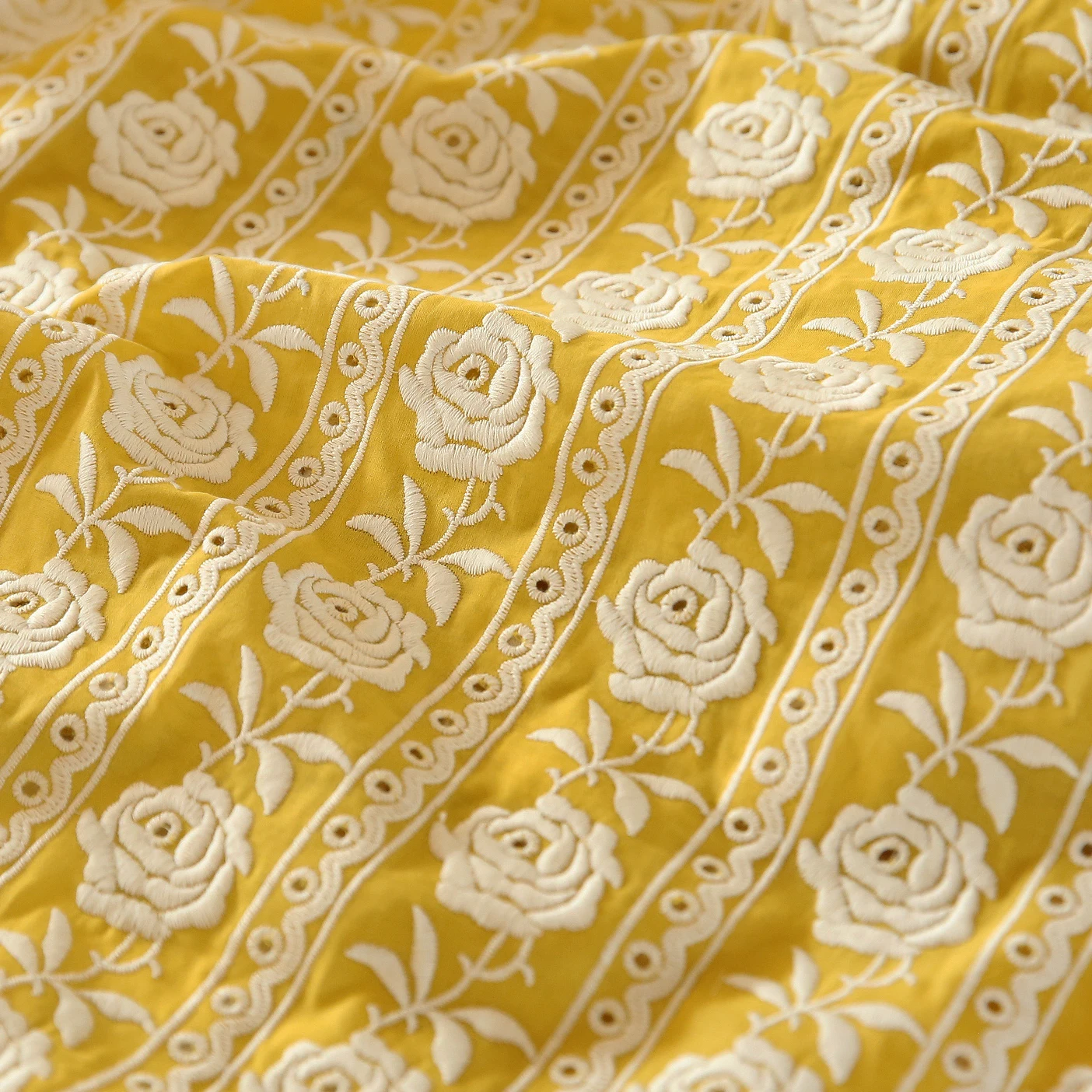 French Cotton Yellow Rose Heavy Embroidery Handmade DIY Clothing Fabric For Wedding Dress Clothing Designer Fabric
