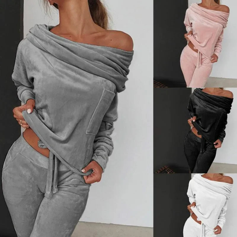 

Women Autumn Suits Tops+Trousers Fashion Clothes Sets Solid Color Lady Spring Off Shoulder Pullover Clothing Sports Joggers Set