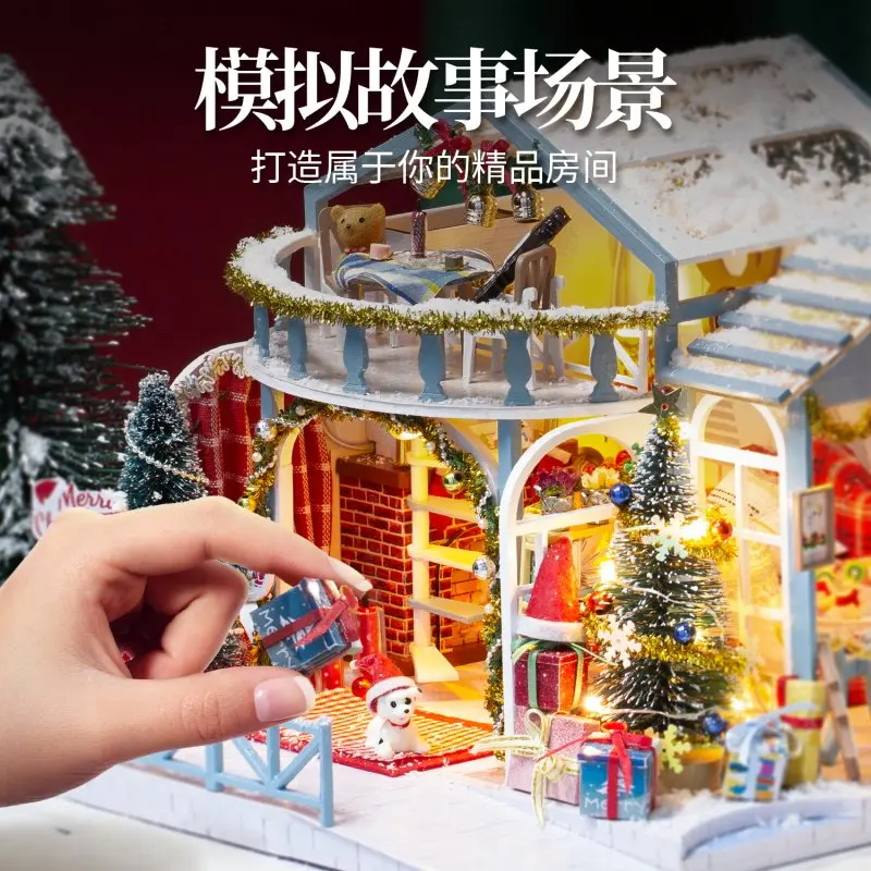 Knowme Moni Microworld The Snowy Night of Christmas Assembled Induction Bookend Wooden Building Blocks DIY Handmade Cabin Model