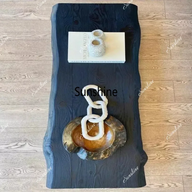 

carbonized solid wood black light luxury coffee table high-end retro tea space large board tea table Japanese coffee FT