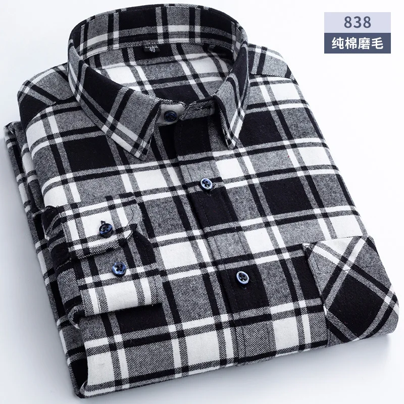 6XL Autumn/Winter 100% cotton Men\'s Long Sleeve Shirt Flannel Plaid Business Casual no-iron Plus size slim-fit Social