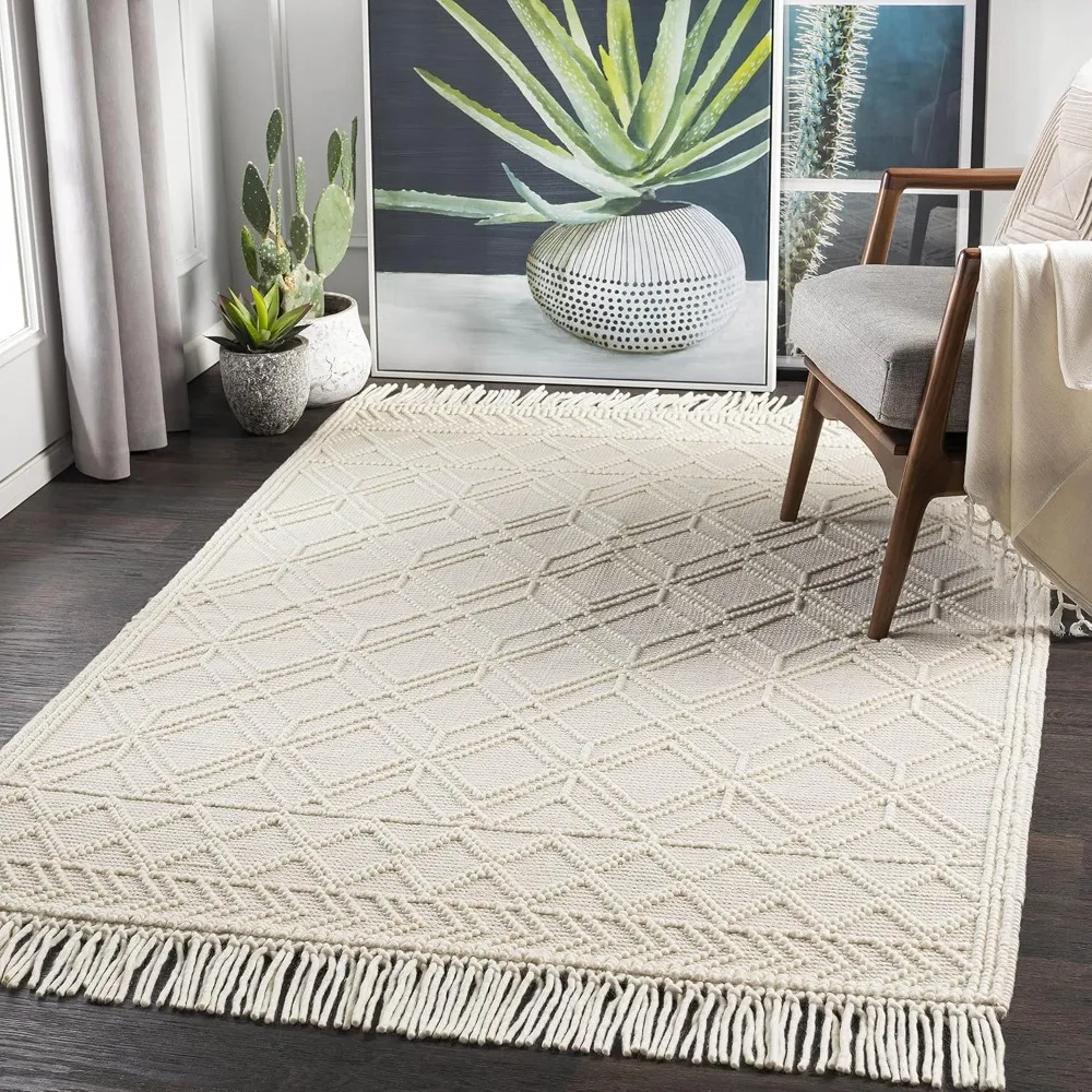 Wool Rugs,8' X 10'，Area Rug, Cream White Carpet for Living Room, Bedroom or Kitchen，Carpeting