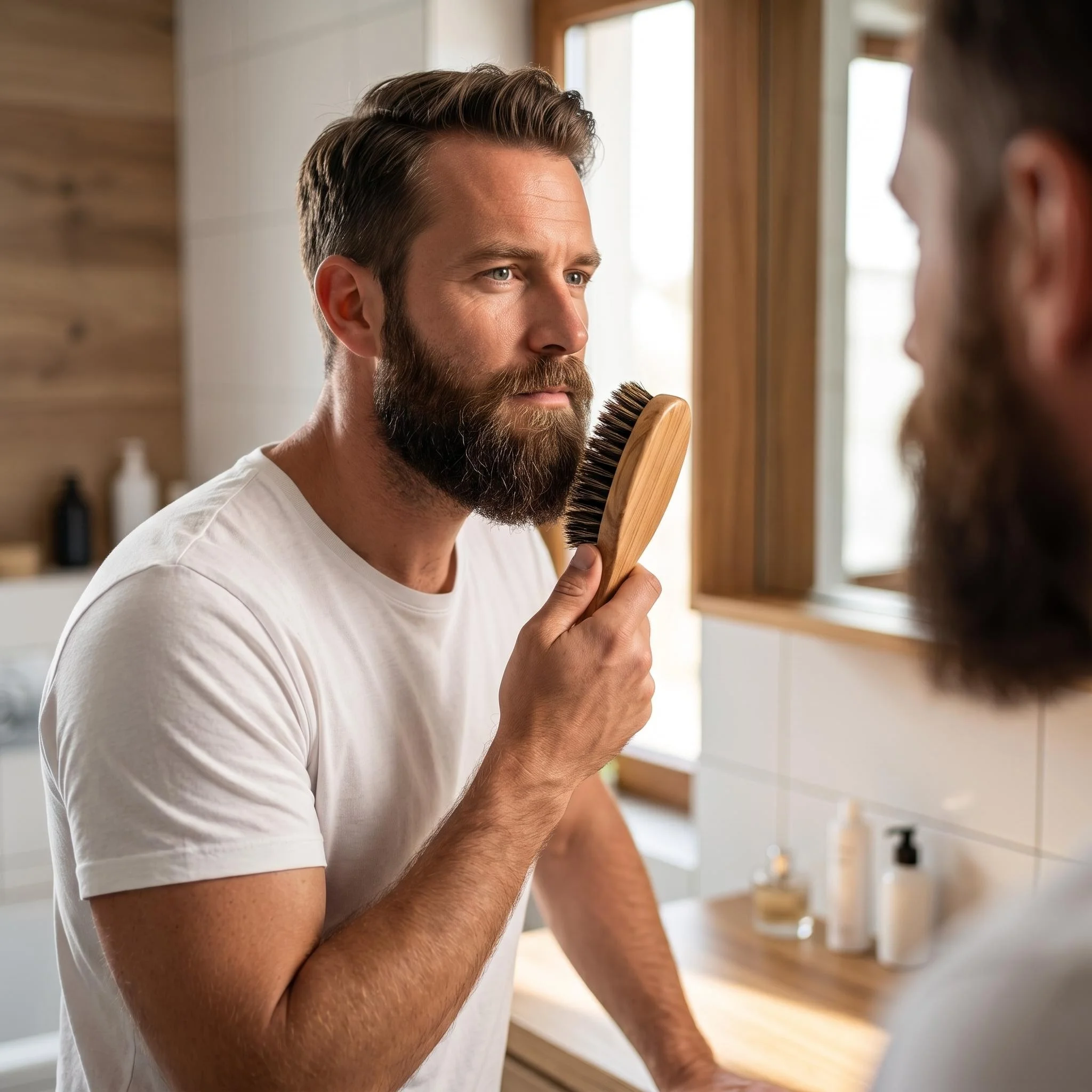 Cepillo para barba para hombre, con mango de madera de haya, cerdas de imitación, lados firmes y suaves, cepillos para el cabello masculino, herramienta para el cuidado de la barba.