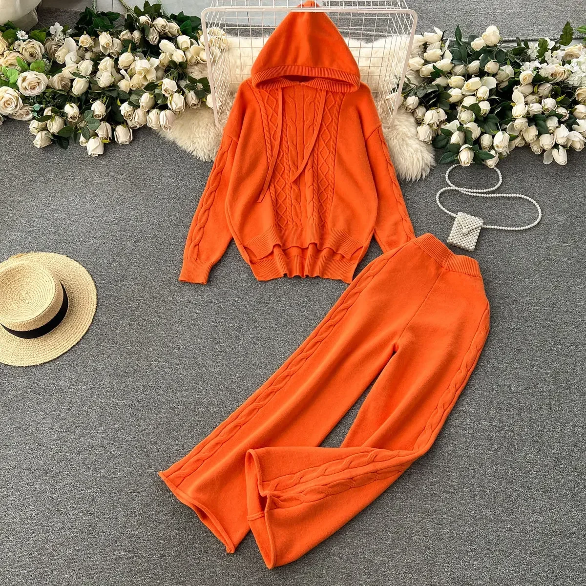 Autumn Women Hooded Sweater Two Piece Pijamas Suit Fashion Sweater+Pant Female Knit Warm Wide Leg Pants Suits Trousers Tracksuit