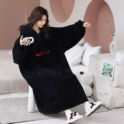 Autumn and Winter Women's New Nightgown Robe Hooded Shu Cotton Velvet Lazy Robe Bathrobe Thickened Large Size Pajamas Home Wear