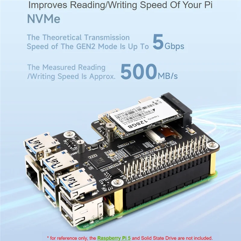 B34B-Pcie To USB 3.2 Gen1 And M.2 HAT For Raspberry Pi 5, Supports Nvme Protocol Solid State Drive, Expands 4-Ch USB 3.2 Port