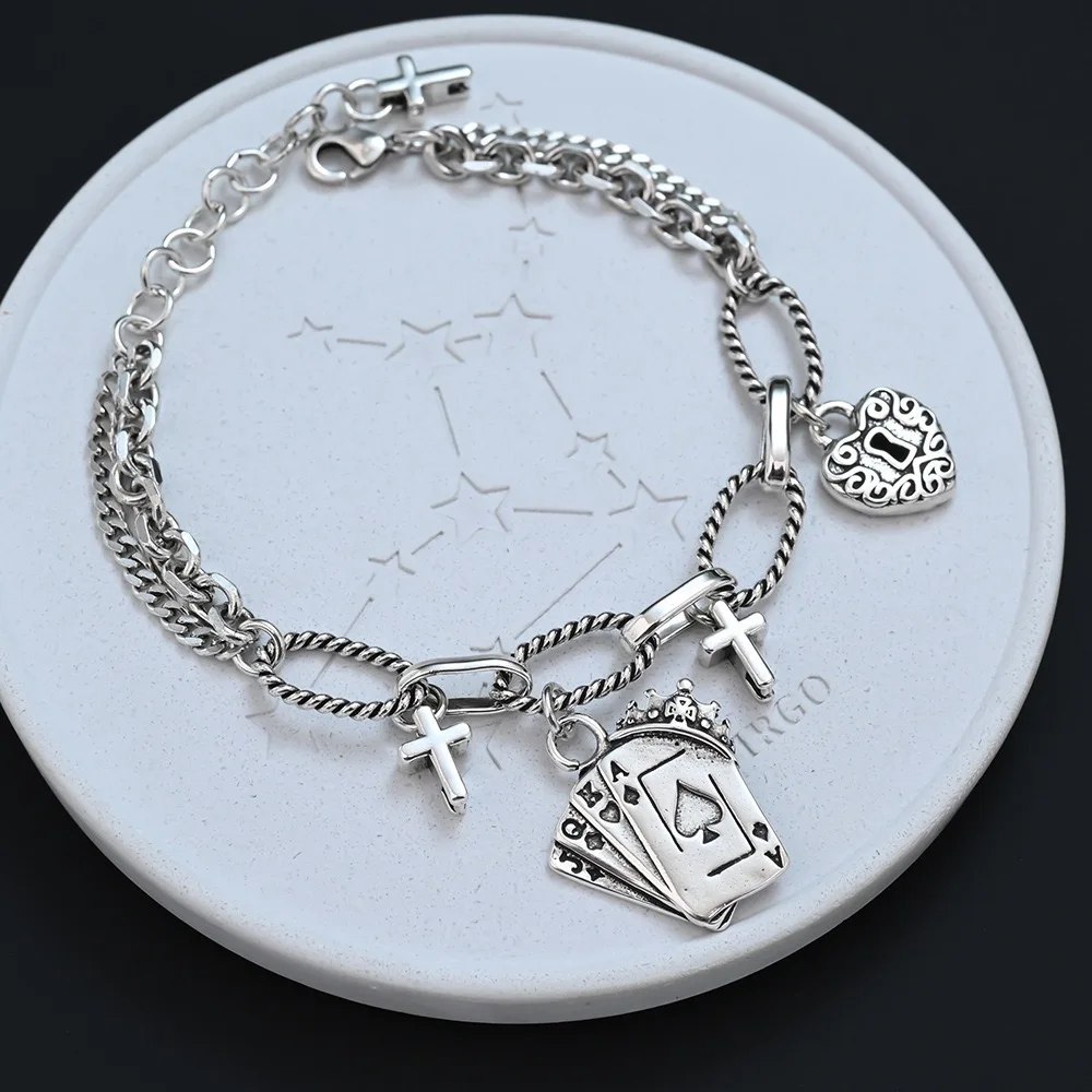 925 Sterling Silver Bracelets for Women Men String Accessories Retro Cross Shape Pattern Pendant Party Jewelry Gift