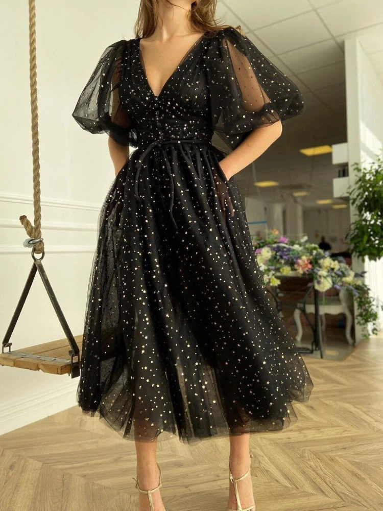 Customized Euramerican Classic Deep V Neck Puff Sleeve Party Dress Exquisite Star Sequin Appliques Formal Robe Slim Waist Mid-le