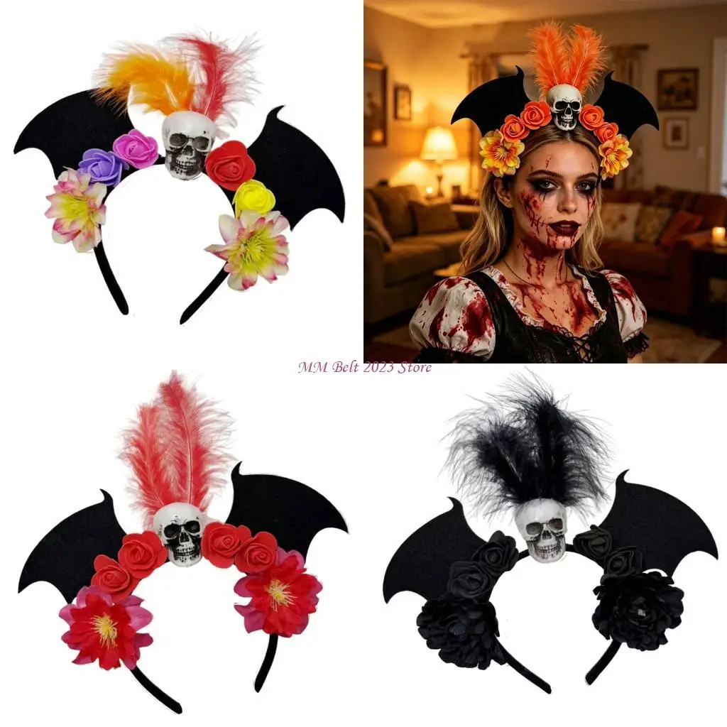

49ME Festival Halloween Headwear Headpiece With Realistic Skull And Plume Design