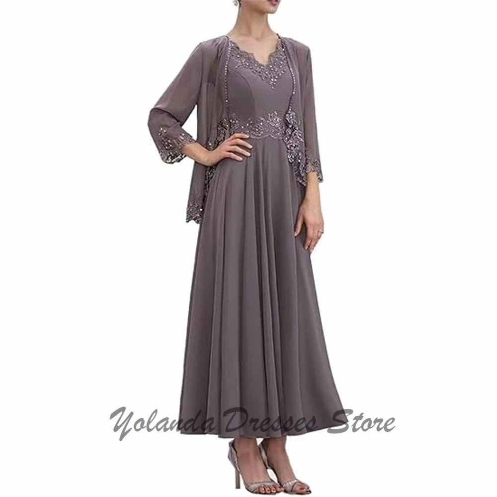 

Customized V Neck Mother of The Bride Dresses Applique Lace Formal Evening Gown Ankle Length Wedding Guest Dress Wide Straps