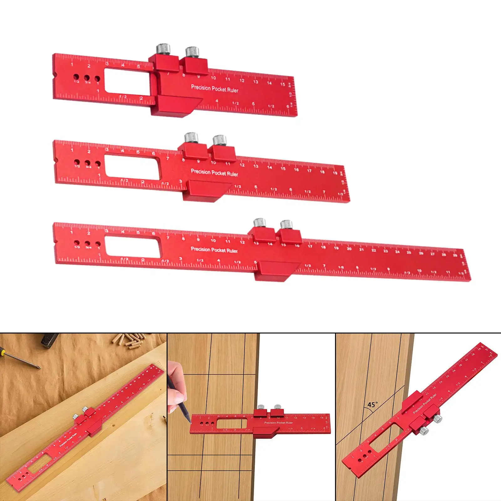 Aluminum Pocket Ruler Scribing Ruler T Track Ruler 45 Degree Sliding Stop