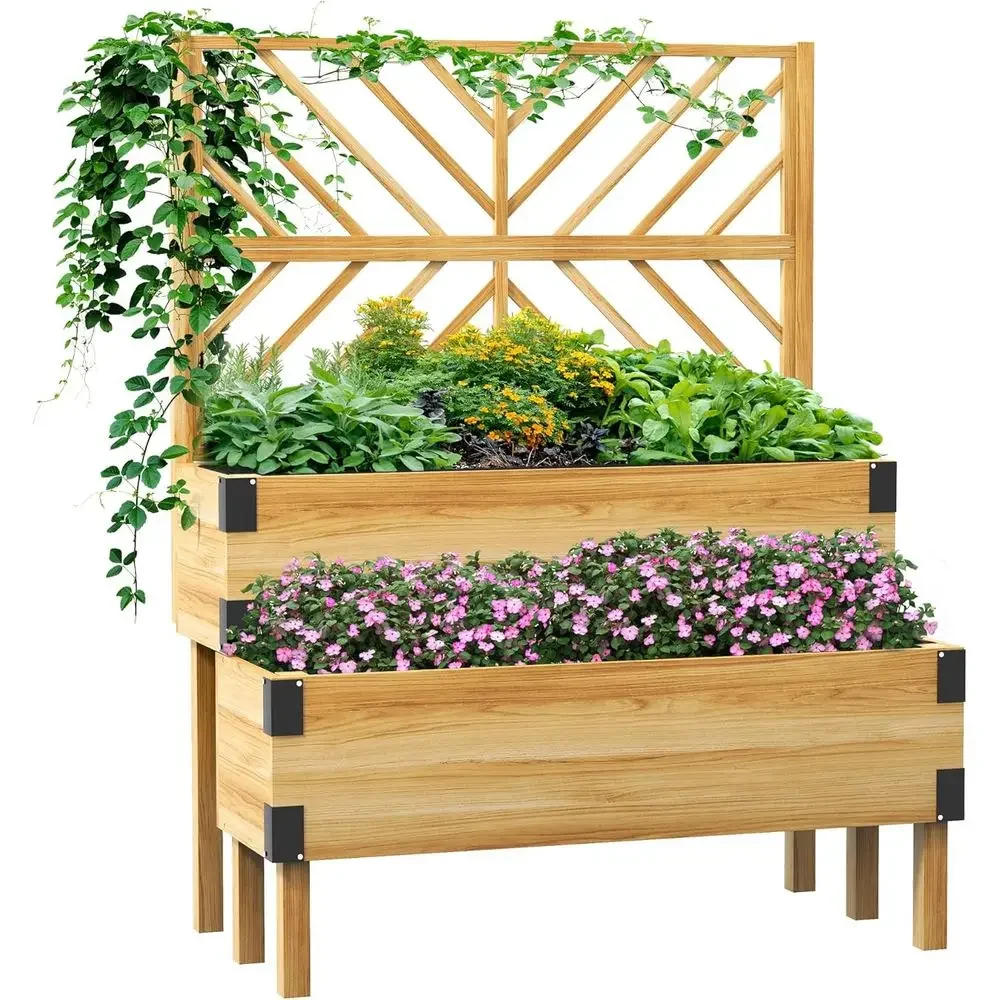 2-Tier Wooden Elevated Planter Box with Metal Trellis for Vegetables, Flowers, and Herbs