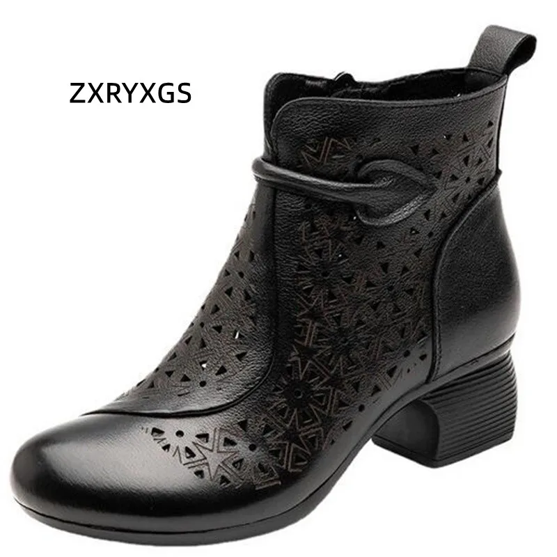 

ZXRYXGS 2024 Spring Summer Top Cowhide Hole Hole Shoes Sandals Breathable Leather Boots Women Boots Thick High Heel Martin Boots