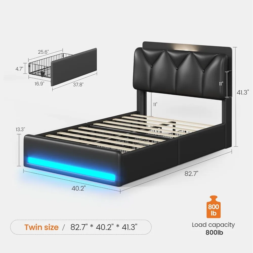 إطارات سرير مع لوح رأسي للتخزين المخفي المائل وأدراج مع قاعدة شحن، وإطار سرير منجد باللون الأسود